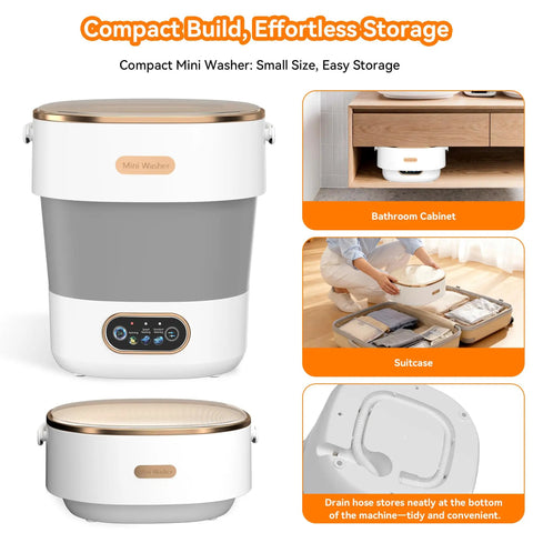 Game Changing Portable Washing Machine That Doubles As A Folding Mini Washer With Fast Spin Dryer And 20 Liters For Delicates Socks And Workout Gear Clean On The Go Without The Drama Featuring Blue Light Tech, compact size in storage setup.