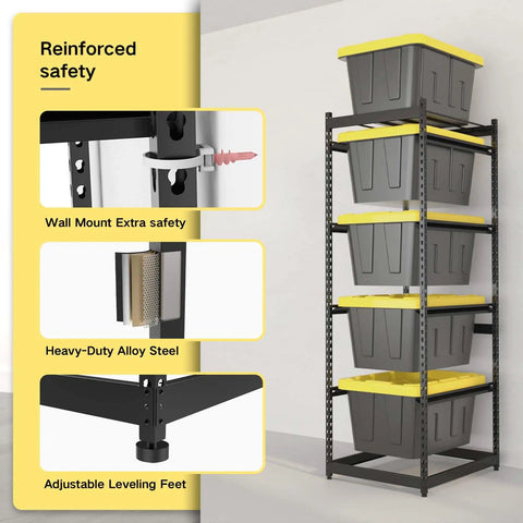 Heavy Duty 5 Tier 27 Gallon Tote Storage Rack Organizer For Garage And Warehouse, Adjustable Cradles And Rail Extensions, 250 Lb Capacity, Space Saving Bin Shelves, Totes Not Included, wall-mounted steel frame with leveling feet