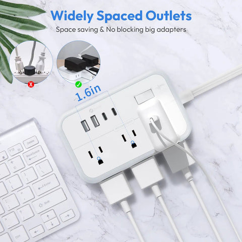 25 Ft Flat Plug Extension Cord With 6 Outlets And 4 USB Ports Heavy Duty Power Strip With Overload Protection For Indoor Use White Right Angle Outlet Extender For Home Office Easy Cable Management, white power strip with spaced outlets