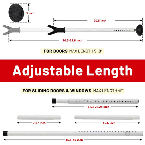 Diagram showing Heavy Duty Door Security Bar 18 to 51 Inch Adjustable Jammer for Hinged and Sliding Doors with size measurements.