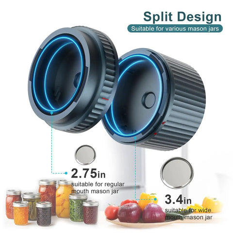 Portable Mason Jar Vacuum Sealer Kit With 2500mAh Battery Electric Smart Vacuum For Wide And Regular Mouth Jars On The Go USB Powered Preservation Machine showing split design for various jar sizes.