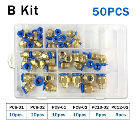 Grab Your Ultimate BDORFXZEV Boxed PC Series Air Joint Connectors Set In 4mm 6mm 8mm 10mm And 12mm Sizes With 50pcs Total Push In Couplings Perfect For Pneumatic Hose Tube Jobs That Need Reliable And Snappy Fitting Action Every Single Time. brass push-in air joint connectors in a 50-piece organizer, assorted PC6 to PC12 sizes