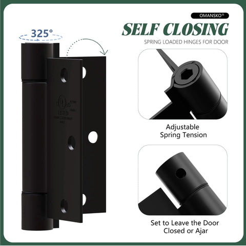 Two Pack Self Closing Door Hinges Three Point Five Inch Matte Black Spring Loaded Auto Close Hinges for Interior Doors