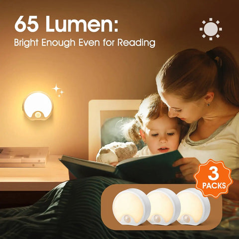 Rechargeable Indoor Motion Sensor Lights Three Pack With 65 Lumen Output And Auto Three Modes No Fuss Setup Stick On Stairs Hallway And Closet Lights USB Rechargeable Battery Long Lasting Auto Sensor Night Light Kit