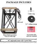 Package contents of Farmhouse Pendant Light With Rustic Wood Cage And Matte Black Iron Frame Delivers A Dope Industrial Rectangular Chandelier Vibe For Kitchen Island Entryway Foyer Living Room And Dining Area Brown Finish, includes wood cage, cords, collar ring, and ceiling canopy.