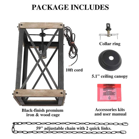 Package contents of Farmhouse Pendant Light With Rustic Wood Cage And Matte Black Iron Frame Delivers A Dope Industrial Rectangular Chandelier Vibe For Kitchen Island Entryway Foyer Living Room And Dining Area Brown Finish, includes wood cage, cords, collar ring, and ceiling canopy.