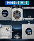 Nema 14-50 EV Charging Wall Socket Kit Featuring Dual Flush or Surface Mount Plates Plus 50 Amp Heavy Duty Receptacle dimensions next to components