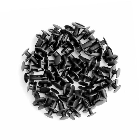 8mm Hole Nylon Bumper Retainer Clips 100 Pack Push Type For Toyota GM Ford Vehicles Fender Fasteners shown in circle layout
