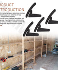 Universal Hooks For Garage Shelving And Industrial Storage Racks With Keyhole Slots UV Resistant Holds Up To 40 Lbs Heavy Duty Reinforced Mounting Points Curved Hooks Prevent Items From Sliding Off Space Saving Design displayed on wooden garage storage racks.