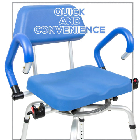 Swivel Pivot Shower Chair With 360 Degree Rotating Seat Padded Seat Back And Armrests Non Slip Base Adjustable Height For Safe Tub And Shower Entry Easy To Clean Blue shown with padded armrests and back