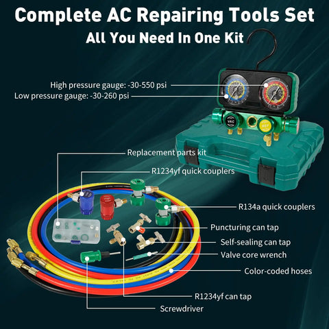 Pro 4 Way AC Manifold Gauge Set With Case For R1234yf R134a R404a 4 Color Coded 5ft Hoses Quick Couplers Can Tap Puncturing Tool Fahrenheit Display Professional HVAC Kit, gauges and hoses laid out