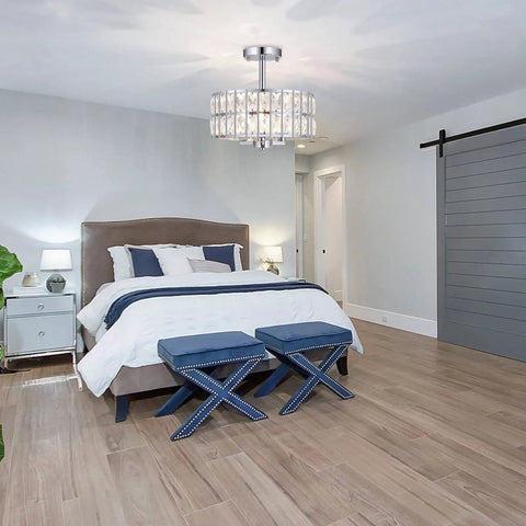 Crystal Semi Flush Mount Chandelier 12.6 Inch Round Drum Ceiling Light in bedroom with chrome finish and sleek glam look.