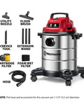 Premium 5 Gallon Wet Dry Shop Vac With Badass 135 Air Watt Suction, Rust Resistant Stainless Steel Tank, 16 Foot Extended Reach, And Six Piece Accessory Bundle For Daily Garage Cleaning and accessories.