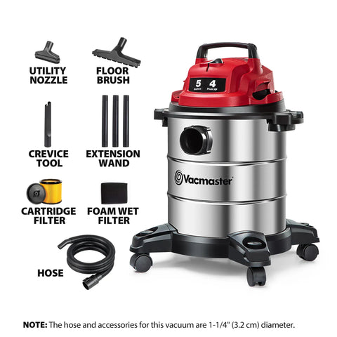 Premium 5 Gallon Wet Dry Shop Vac With Badass 135 Air Watt Suction, Rust Resistant Stainless Steel Tank, 16 Foot Extended Reach, And Six Piece Accessory Bundle For Daily Garage Cleaning and accessories.