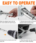 Step-by-step guide showing Heavy Duty Trailer Jack Drill Adapter Compatible With One Inch Drive Shaft Electric Crank Converter for RV and Camper.