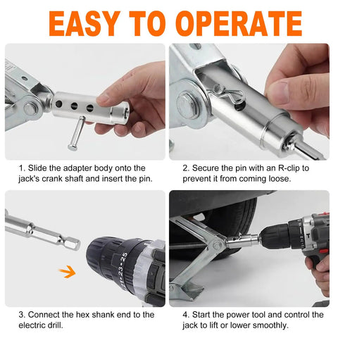 Step-by-step guide showing Heavy Duty Trailer Jack Drill Adapter Compatible With One Inch Drive Shaft Electric Crank Converter for RV and Camper.
