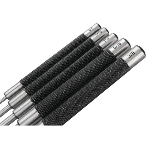 8 Inch Long Pin Punch Set 5 Piece Carbon Steel With Knurled Handles For Deep Pin Removal In Obstructed Areas Includes 1/8 Inch 3/16 Inch 1/4 Inch 5/16