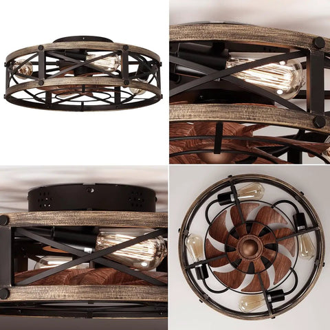 Badass Modern Farmhouse Caged Ceiling Fan With Slick Remote Flush Mount Build Featuring Four E26 Socket Lights Six Hella Smooth Speeds Reversible Airflow And Easy Timer. Close-up view of caged ceiling fan with four light sockets.