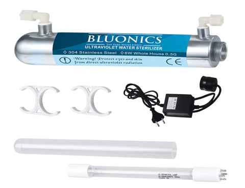 Top Shelf Under Sink Water Filter With Killer Reverse Osmosis And Uv Sterilizer 100 Gpd Six Stage System parts including UV lamp and sterilizer.