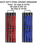 Heavy Duty Portable Socket Organizer Tray Set With Steel Base And ABS Rails In Blue And Red Clips Holds One Quarter Inch Three Eighths Inch And One Half Inch Sockets With Spring Loaded Clips For A Tight Secure Fit.