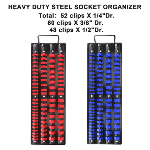 Heavy Duty Portable Socket Organizer Tray Set With Steel Base And ABS Rails In Blue And Red Clips Holds One Quarter Inch Three Eighths Inch And One Half Inch Sockets With Spring Loaded Clips For A Tight Secure Fit.