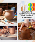 4 Piece Pottery Carving Tool Set With 5.9 Inch Wooden Handles shown with clay cup, vase in process, visual tools layout