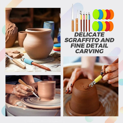 4 Piece Pottery Carving Tool Set With 5.9 Inch Wooden Handles shown with clay cup, vase in process, visual tools layout