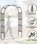 Adjustable Garden Arch Trellis 4.9x8.5 Ft Metal Outdoor Arbor for Climbing Plants, showing dimensions and features, black PE-coated steel.