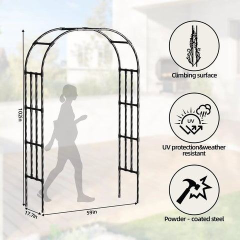 Adjustable Garden Arch Trellis 4.9x8.5 Ft Metal Outdoor Arbor for Climbing Plants, showing dimensions and features, black PE-coated steel.