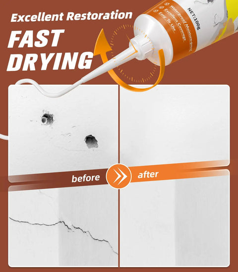 Before and after using Two Pack Wall Patch Repair Kit For Quick Hole And Crack Fix, showing fast drying results on wall damage.