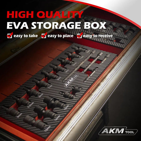 1/4 Inch Drive Universal Impact Socket Set in EVA storage box with easy placement, 18 Piece Swivel Wobble Kit with 5-15mm metric sockets.