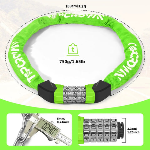 Heavy Duty Metal Digital Dial Chain Lock For Bikes And Electric Scooters Three Point Two Foot Long With 5 Digit Keyless Combination