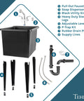 Space Saving All-In-One Utility Sink Kit With Chrome Finish Pull-Out Faucet, Soap Dispenser, Black Narrow Tub, and Install Hardware