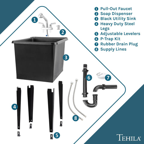 Space Saving All-In-One Utility Sink Kit With Chrome Finish Pull-Out Faucet, Soap Dispenser, Black Narrow Tub, and Install Hardware