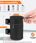 Universal Cup Holder For 8 To 32 Oz Bottles With Net Pockets And Hook And Loop Straps, showing wide bottle compatibility and drawstring closure.