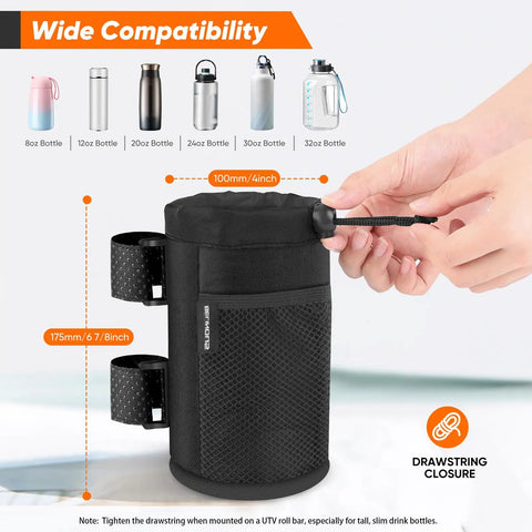 Heavy Duty UTV Cup Holder Mount For Roll Bars Holds Eight To Thirty Two Ounce Tumblers And Insulated Coffee Mugs Two Pack, shown with compatibility details.