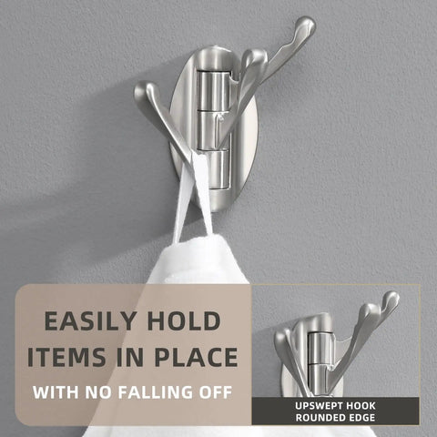 Foldable Three-Arm Swivel Wall Hook in Brushed Nickel holding a towel, folds flat when not in use, modern bathroom organizer.