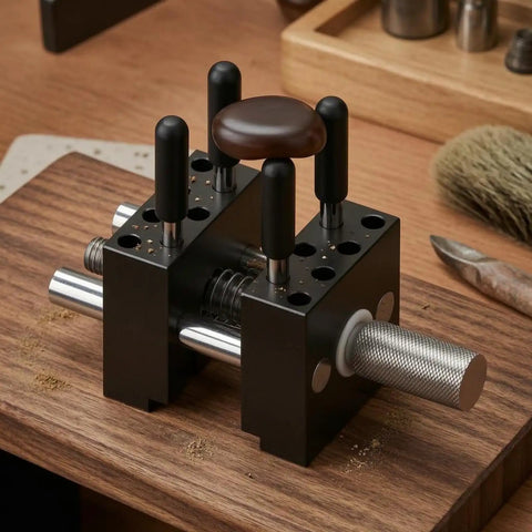 Compact Handheld Metal Vise With Multi Peg Holes For Precision Model Work And Desktop Clamping Projects, Durable Black Mini Bench Tool For Crafters on wooden surface.