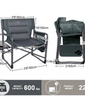 Oversized Directors Chair With Foldable Side Table And Detachable Pocket Heavy Duty Camping Chair Up To 600 Lbs Weight Capacity Gray dimensions