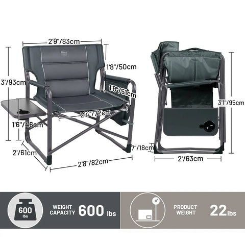 Oversized Directors Chair With Foldable Side Table And Detachable Pocket Heavy Duty Camping Chair Up To 600 Lbs Weight Capacity Gray dimensions