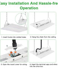 Step-by-step installation guide for Heavy Duty Led Linear High Bay Shop Lights 410W with hanging instructions.
