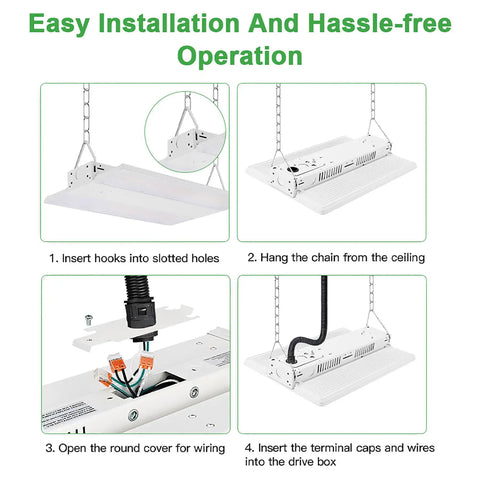 Step-by-step installation guide for Heavy Duty Led Linear High Bay Shop Lights 410W with hanging instructions.