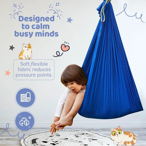 Kick Back And Chill In This Epic Cocoon Sensory Swing For Kids And Grown Ups Indoor Outdoor Therapy Hammock Chair With Buttery Soft Silky Nylon Hug Seat, child sitting in blue cocoon swing.
