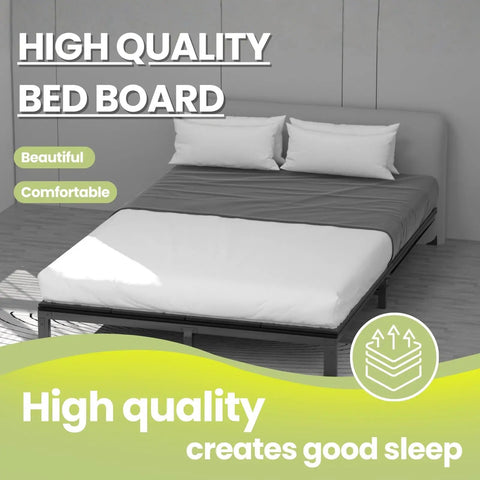 Queen Size Bunkie Board With Firm Anti Sag Under Bed Support Pad Flat Out Rock Solid Platform To Halt Mattress Sag Bridge Slat Gaps And Guarantee Dream Sleep on a bed with gray sheets.