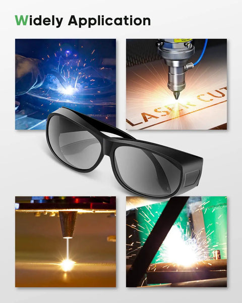 Collage of laser cutting with Beast Mode Laser Safety Glasses For Ultraviolet To Visible To Near Infrared And Mid Infrared Protection OD6 Plus