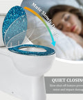 Elongated Toilet Seat Blue Glitter Resin for Bathroom with quiet closing feature, positioned on a toilet.