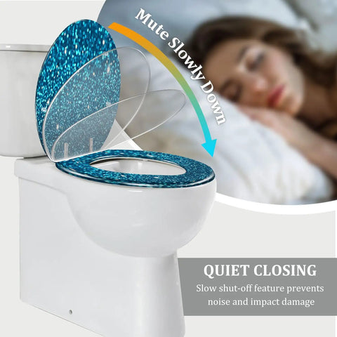 Elongated Toilet Seat Blue Glitter Resin for Bathroom with quiet closing feature, positioned on a toilet.
