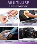 OptiSource International Clear View Screen & Lens Cleaner; 4-panel view of glasses, monitors, phones, and camera lenses