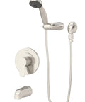 Identity Single Handle Tub And Hand Shower Trim In Satin Nickel With 1.5 GPM Flow, 60-Inch Hose, Inline Vacuum Breaker visible