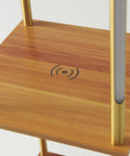Gold Brass Floor Lamp With Wooden Shelf And Built In Wireless Charging Station detail on top shelf